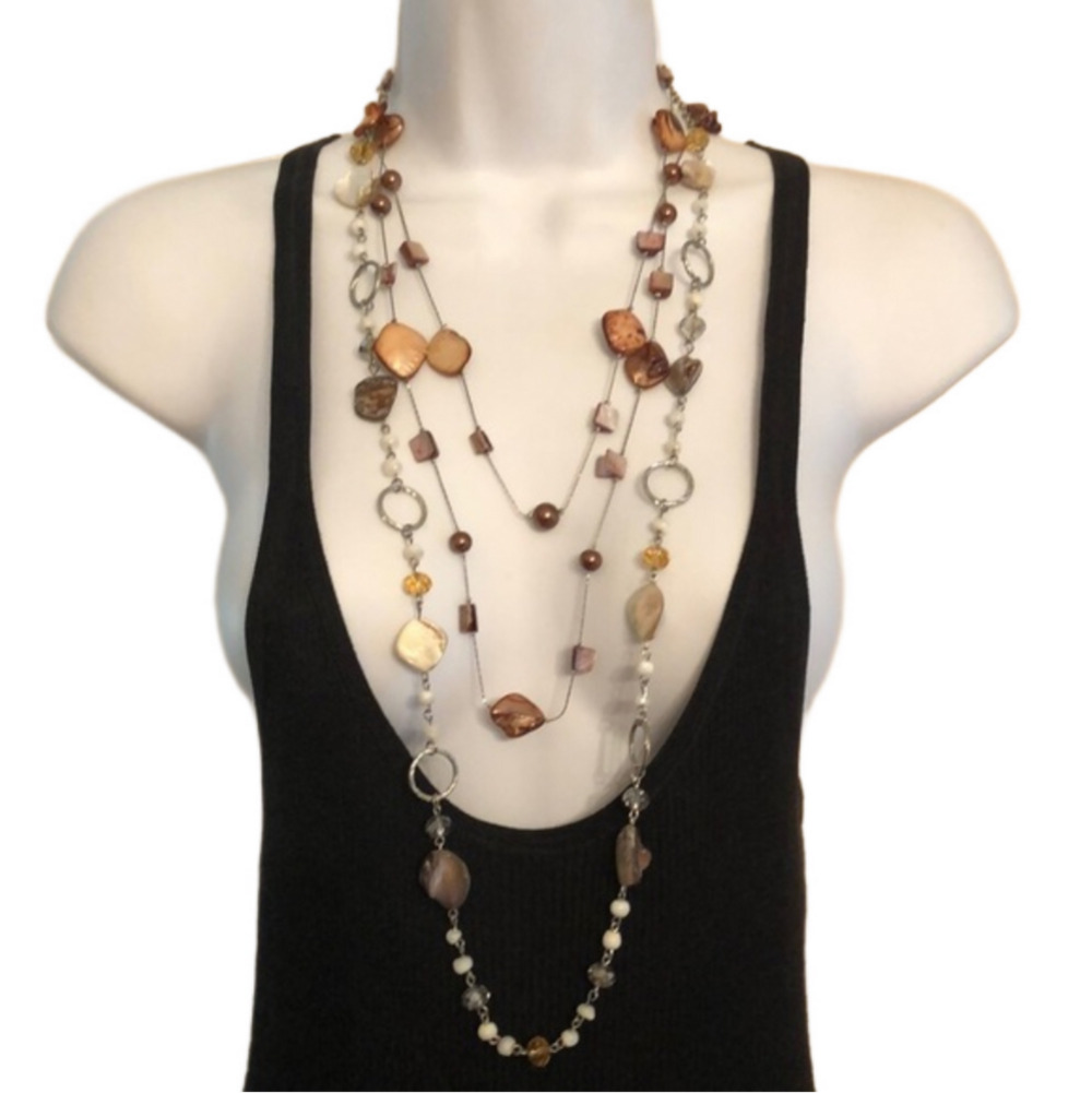 𝅺Bundle lot 2 beaded shell faux pearls crystal silver tone chain necklaces long
